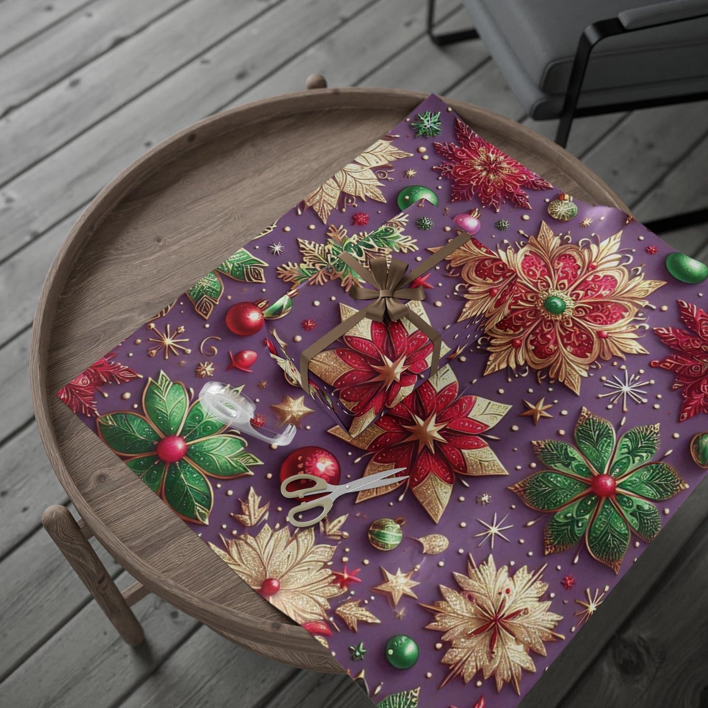 B.M.D Holiday Poinsettia Wrapping Paper — Festive Purple, Red & Gold Gift Wrap