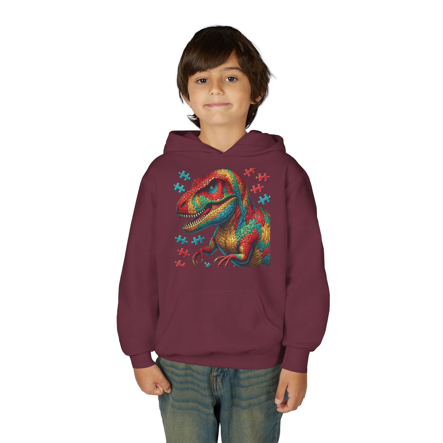 B.M.D Colorful Dinosaur Hoodie — Youth T‑Rex Puzzle Art Pullover