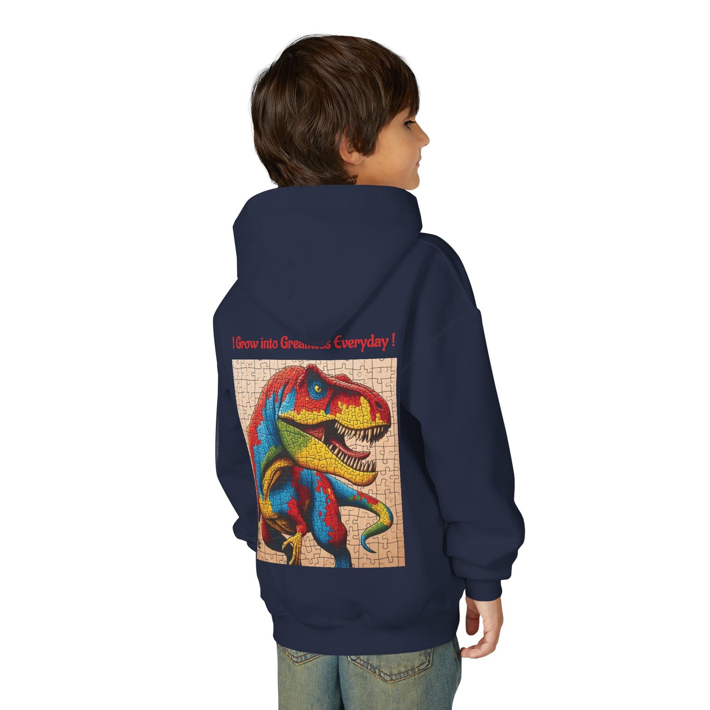 B.M.D Colorful Dinosaur Hoodie — Youth T‑Rex Puzzle Art Pullover