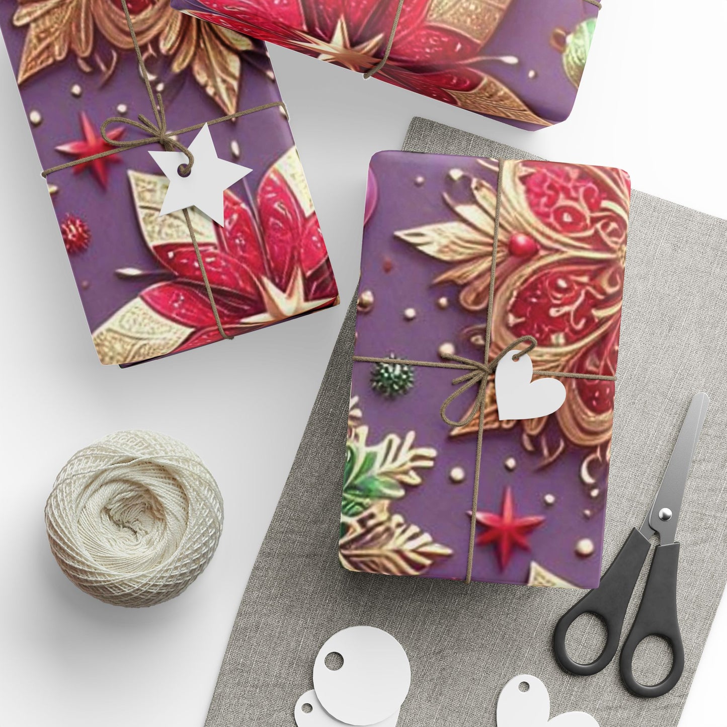 B.M.D Holiday Poinsettia Wrapping Paper — Festive Purple, Red & Gold Gift Wrap