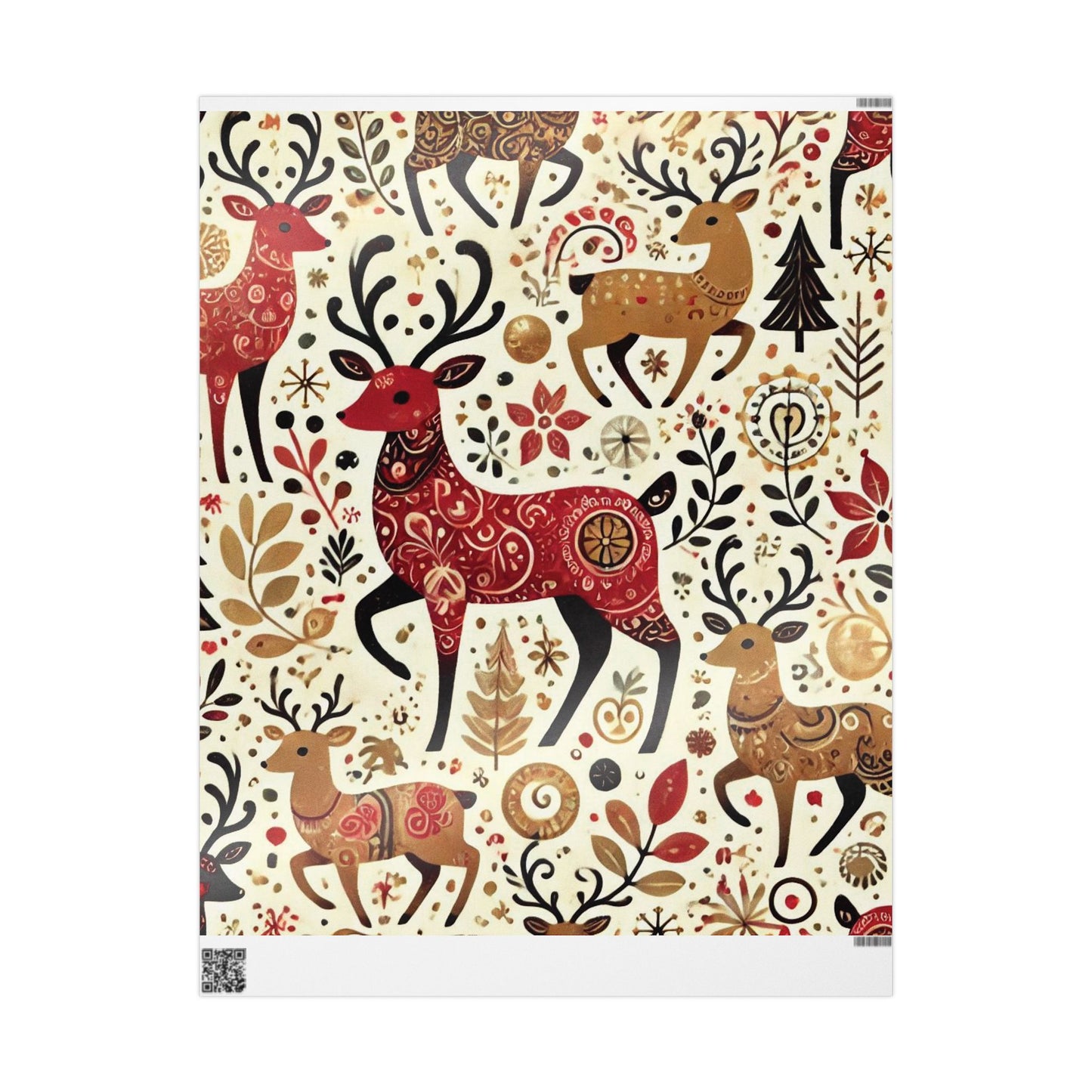 B.M.D Reindeer Folk Art Wrapping Paper Roll — Festive Scandinavian Holiday Gift Wrap