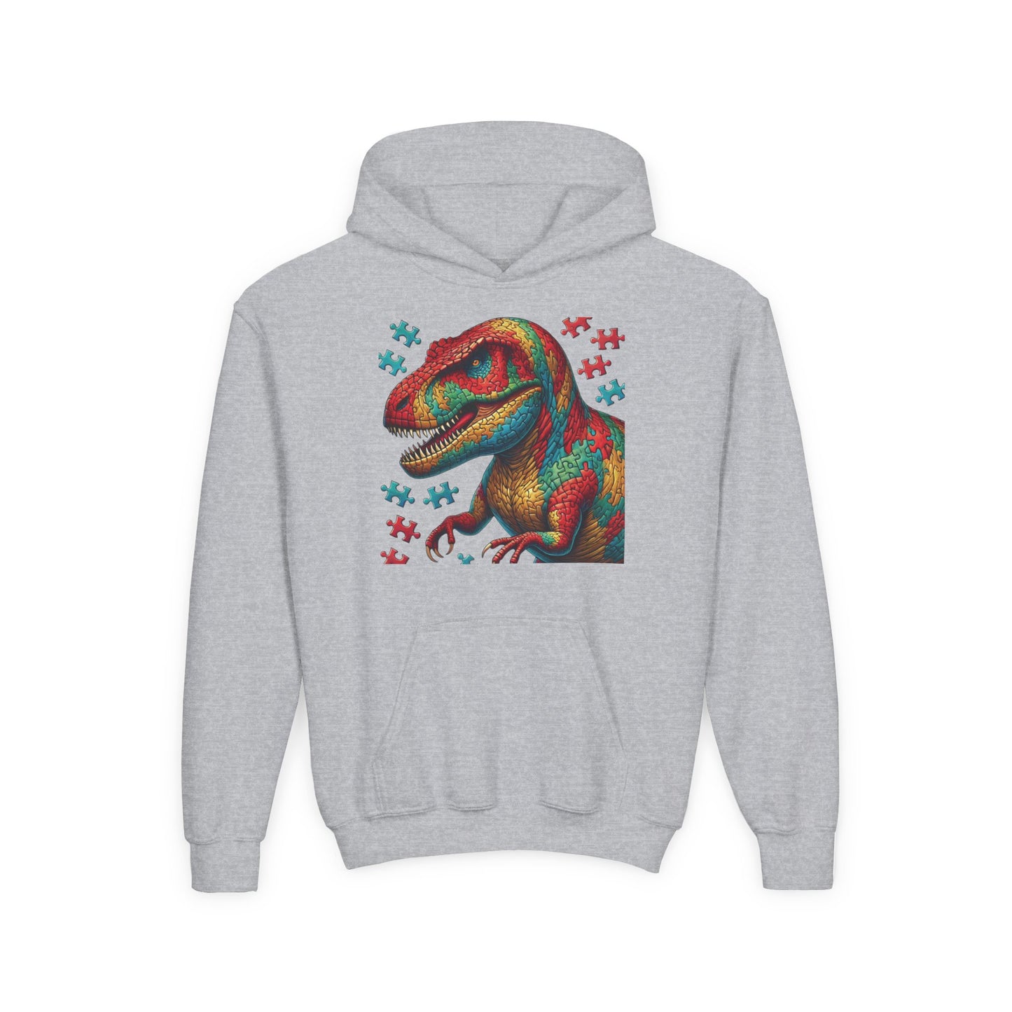 B.M.D Colorful Dinosaur Hoodie — Youth T‑Rex Puzzle Art Pullover