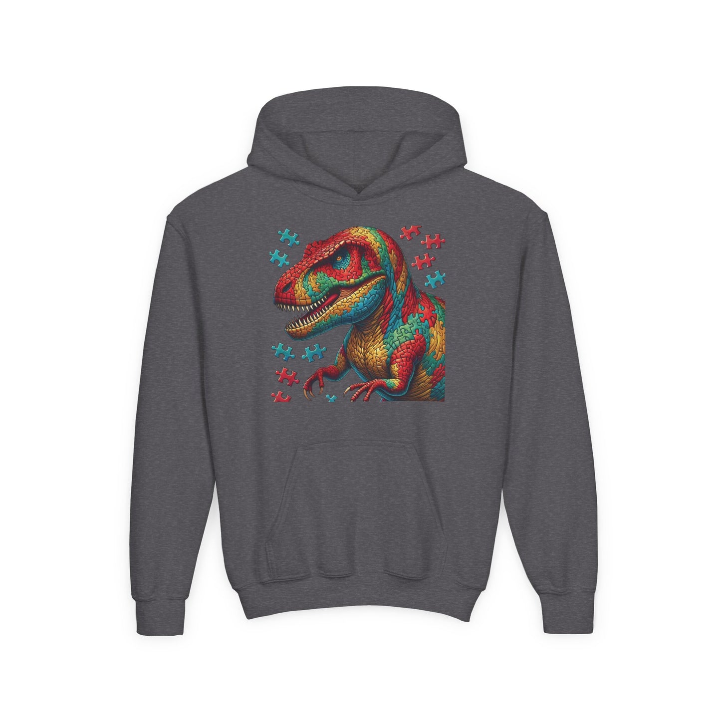B.M.D Colorful Dinosaur Hoodie — Youth T‑Rex Puzzle Art Pullover