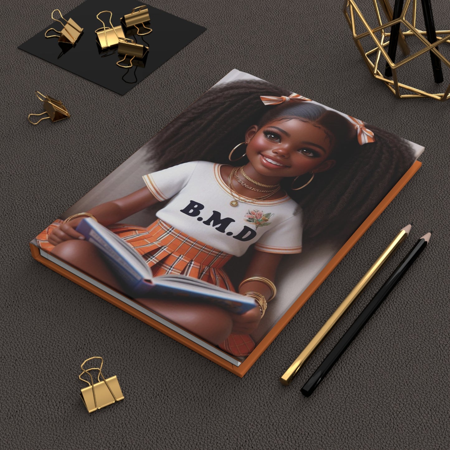 B.M.D Reading Girl Hardcover Journal Matte, Book Lover Notebook, Writer's Diary, Literary Gift, Stationery Set (pic 1 orange)
