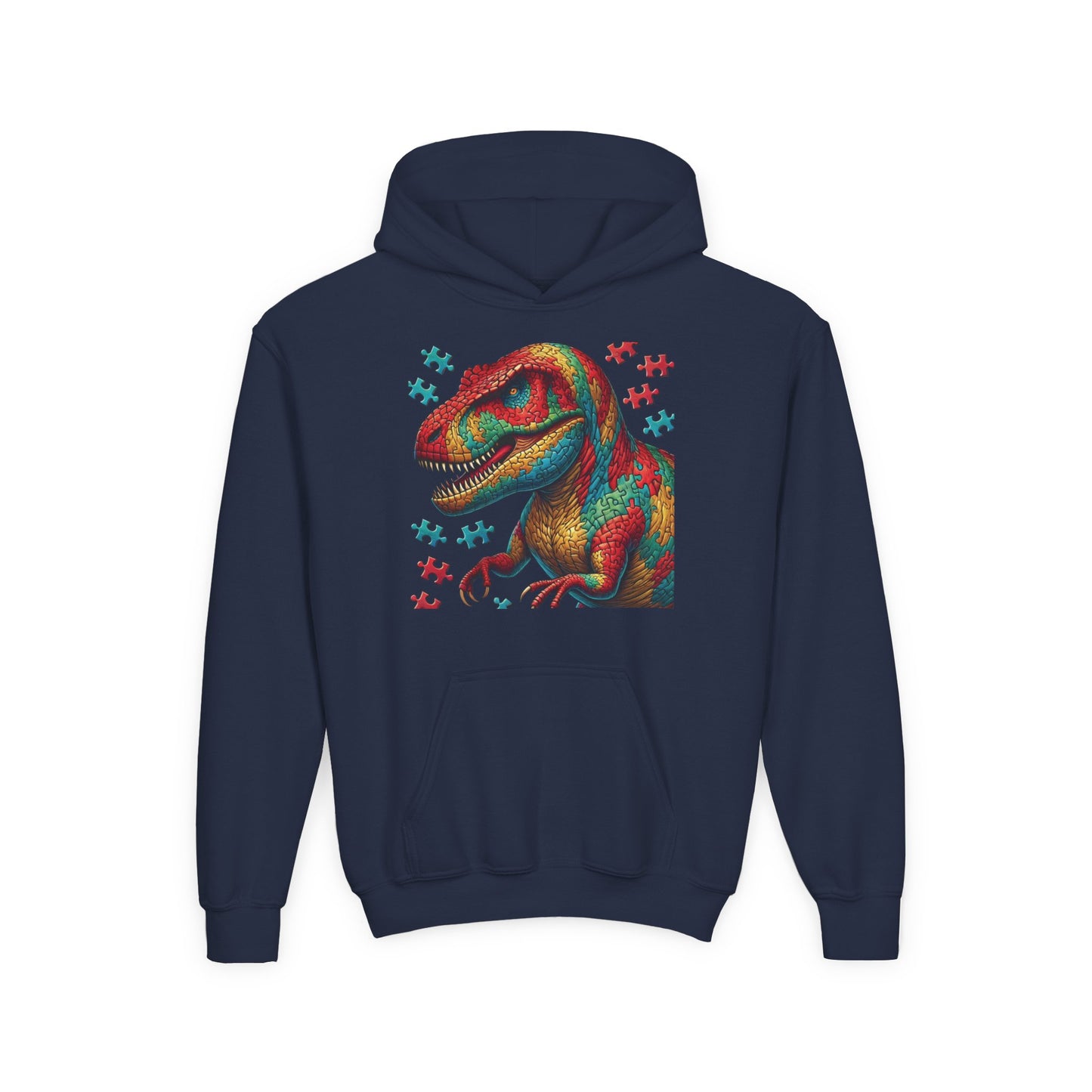 B.M.D Colorful Dinosaur Hoodie — Youth T‑Rex Puzzle Art Pullover