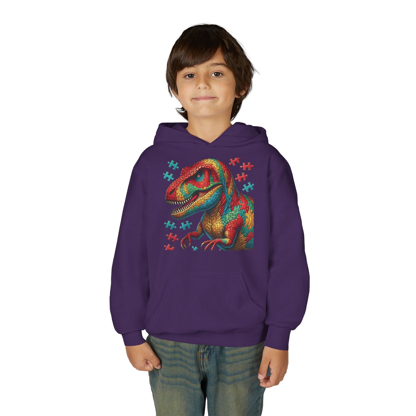 B.M.D Colorful Dinosaur Hoodie — Youth T‑Rex Puzzle Art Pullover