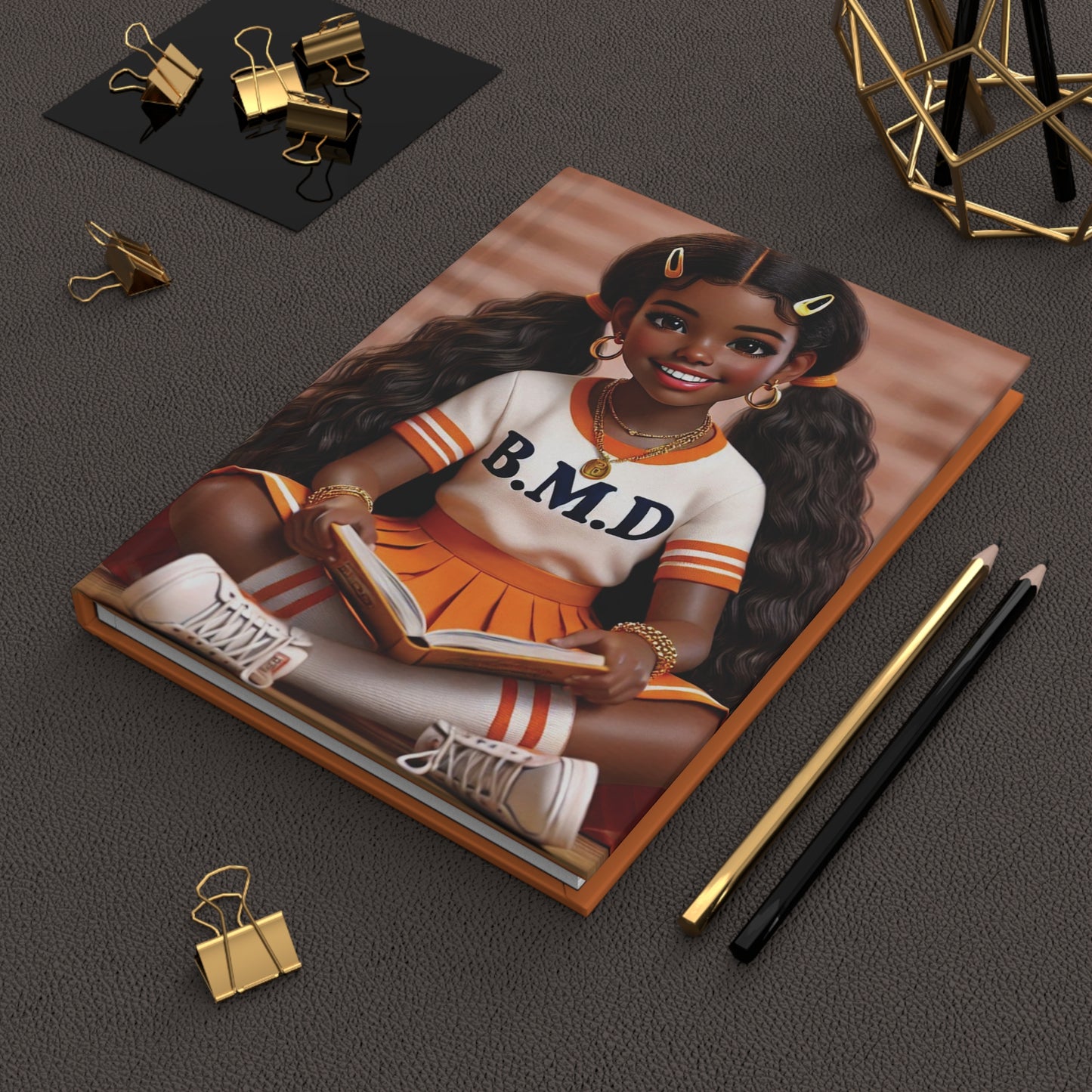 B.M.D Reading Girl Hardcover Journal Matte, Book Lover Notebook, Writer's Diary, Literary Gift, Stationery Set (pic 2 orange)