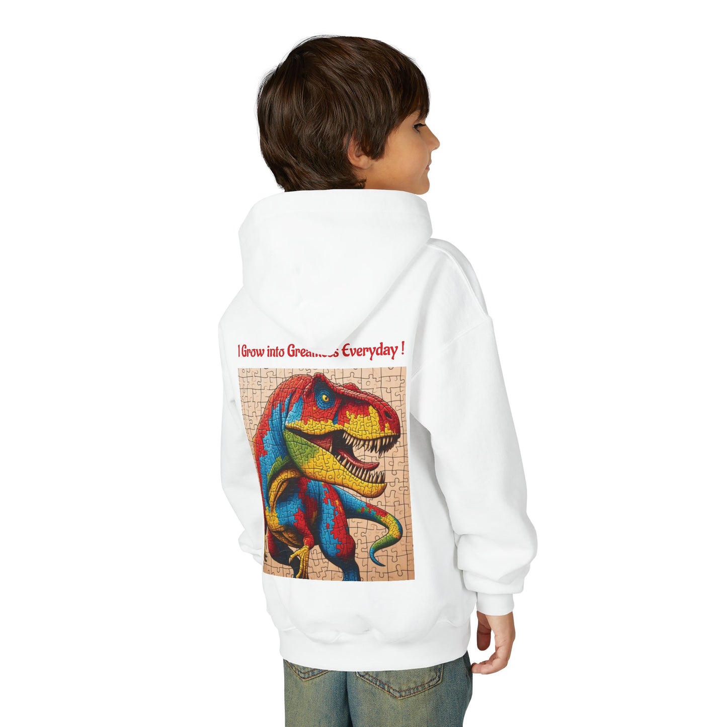 B.M.D Colorful Dinosaur Hoodie — Youth T‑Rex Puzzle Art Pullover