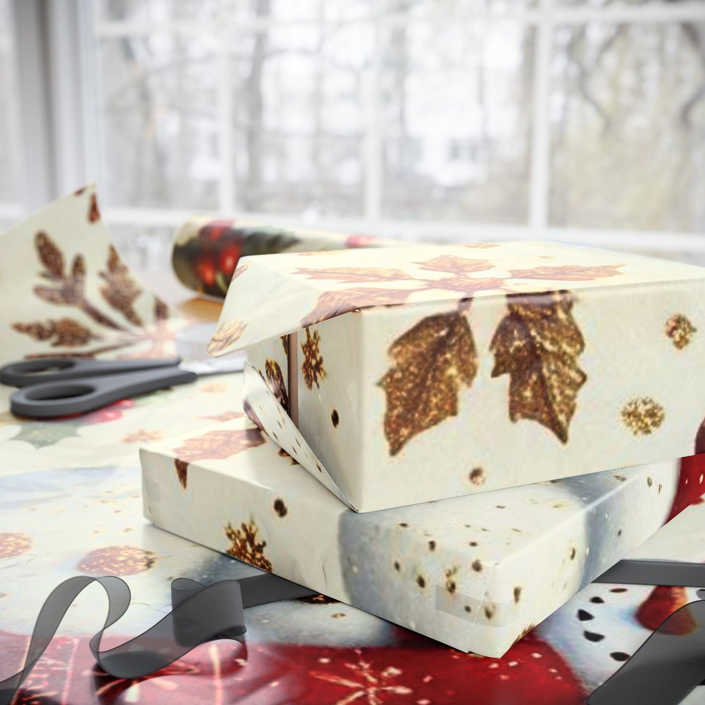 B.M.D Snowman Christmas Wrapping Paper - Festive Gold Snowflakes & Holly Gift Wrap