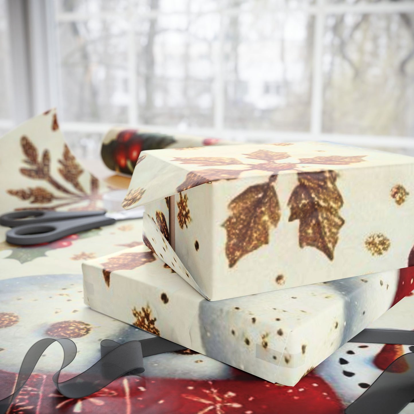 B.M.D Snowman Christmas Wrapping Paper - Festive Gold Snowflakes & Holly Gift Wrap