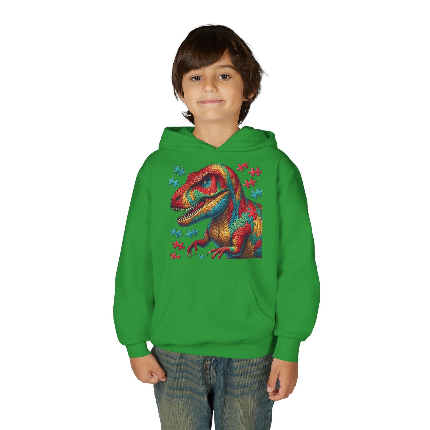 B.M.D Colorful Dinosaur Hoodie — Youth T‑Rex Puzzle Art Pullover