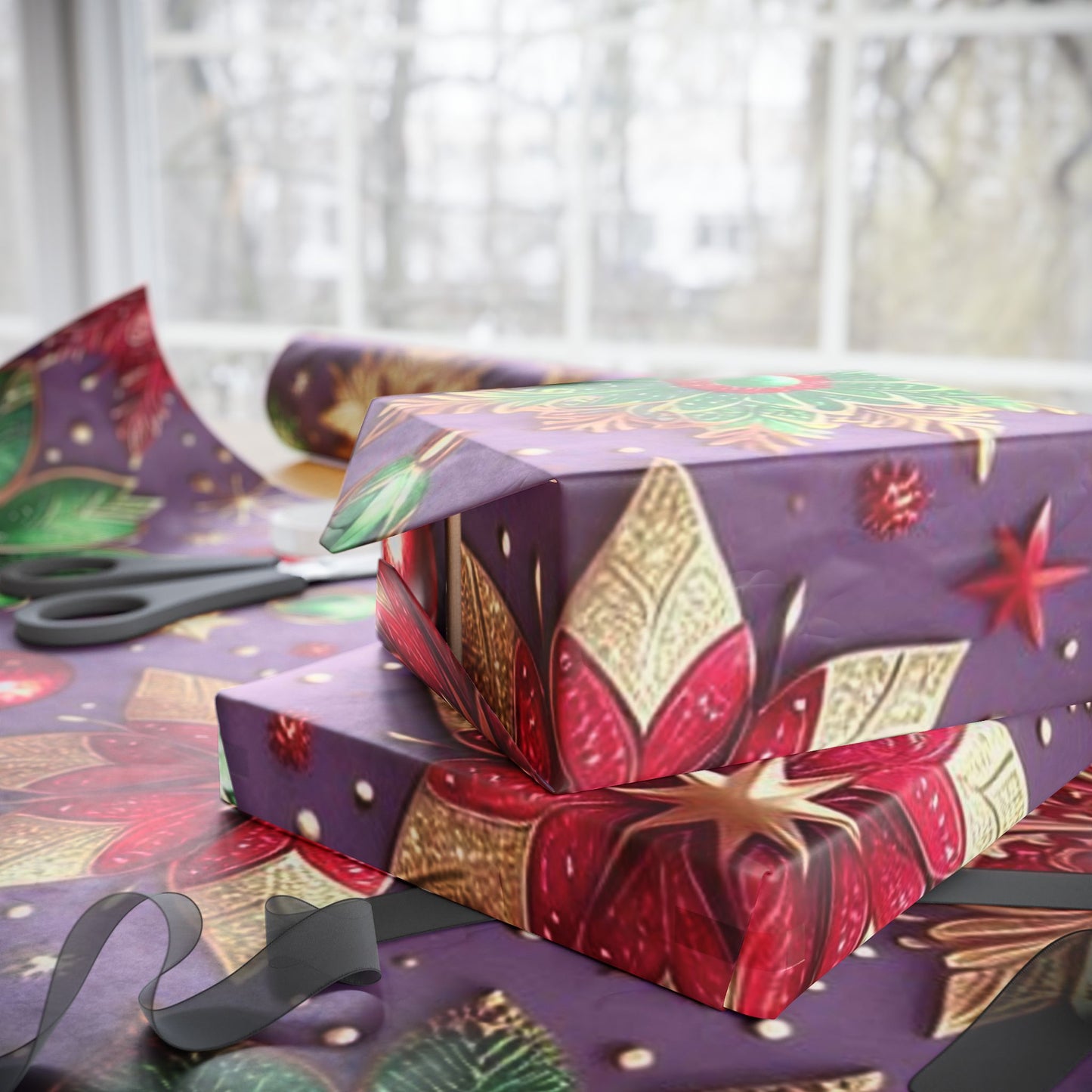 B.M.D Holiday Poinsettia Wrapping Paper — Festive Purple, Red & Gold Gift Wrap