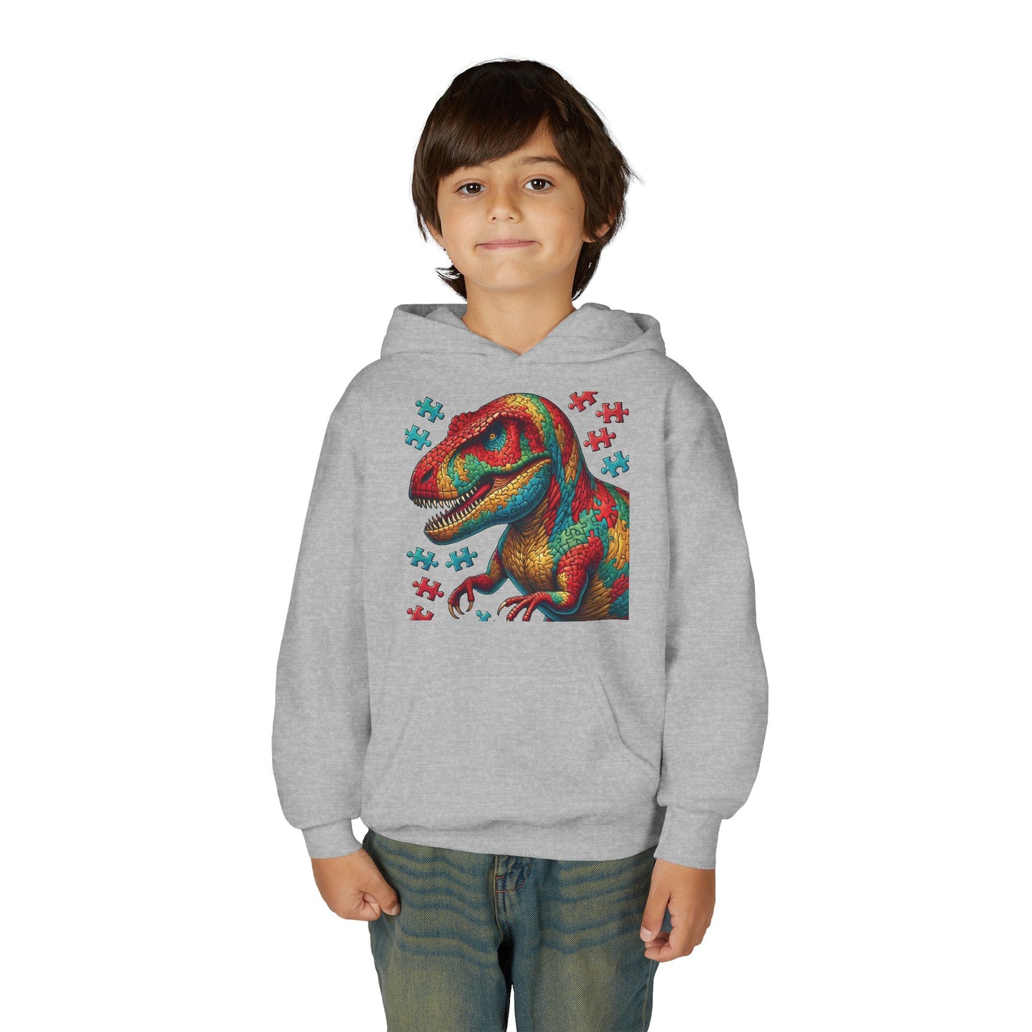 B.M.D Colorful Dinosaur Hoodie — Youth T‑Rex Puzzle Art Pullover