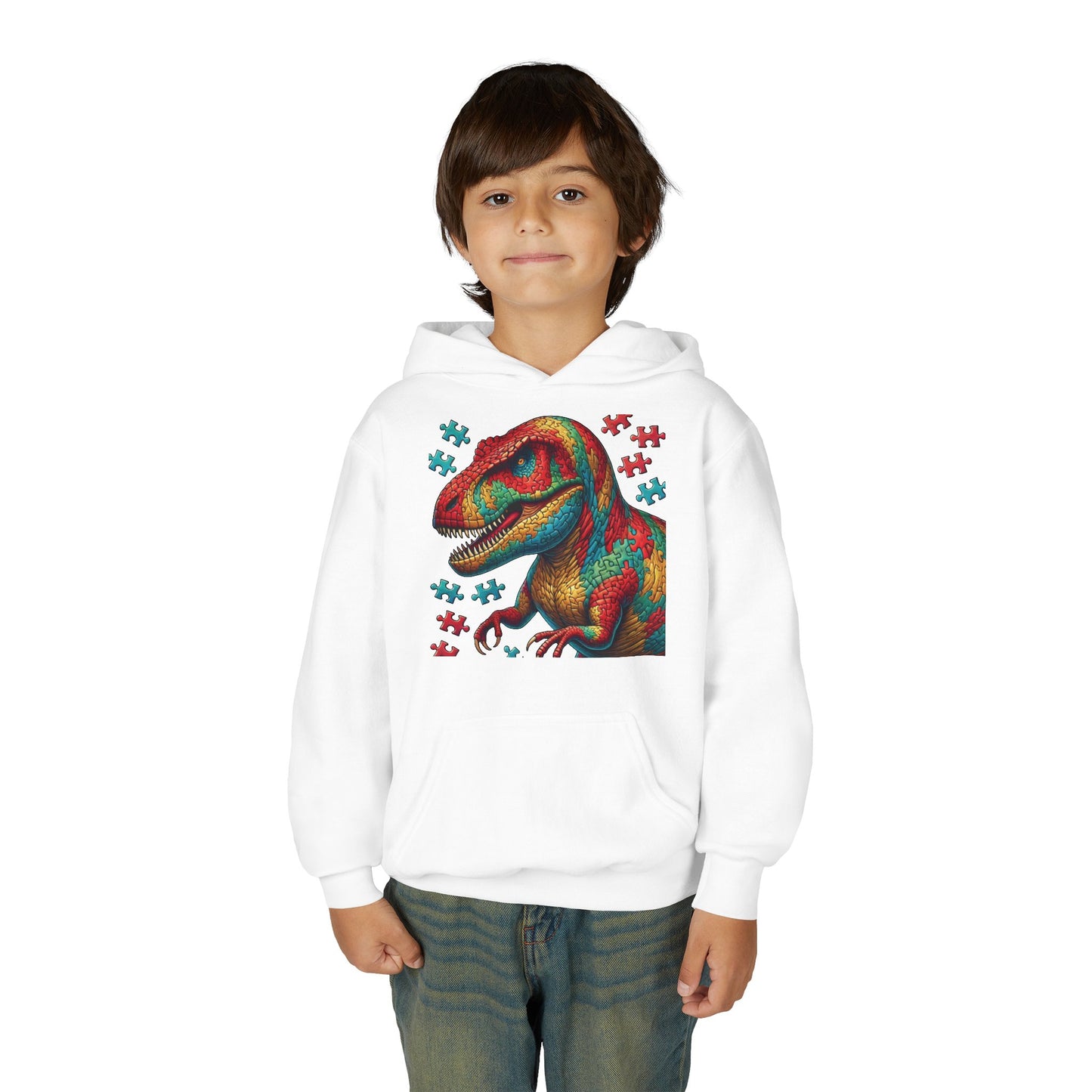 B.M.D Colorful Dinosaur Hoodie — Youth T‑Rex Puzzle Art Pullover
