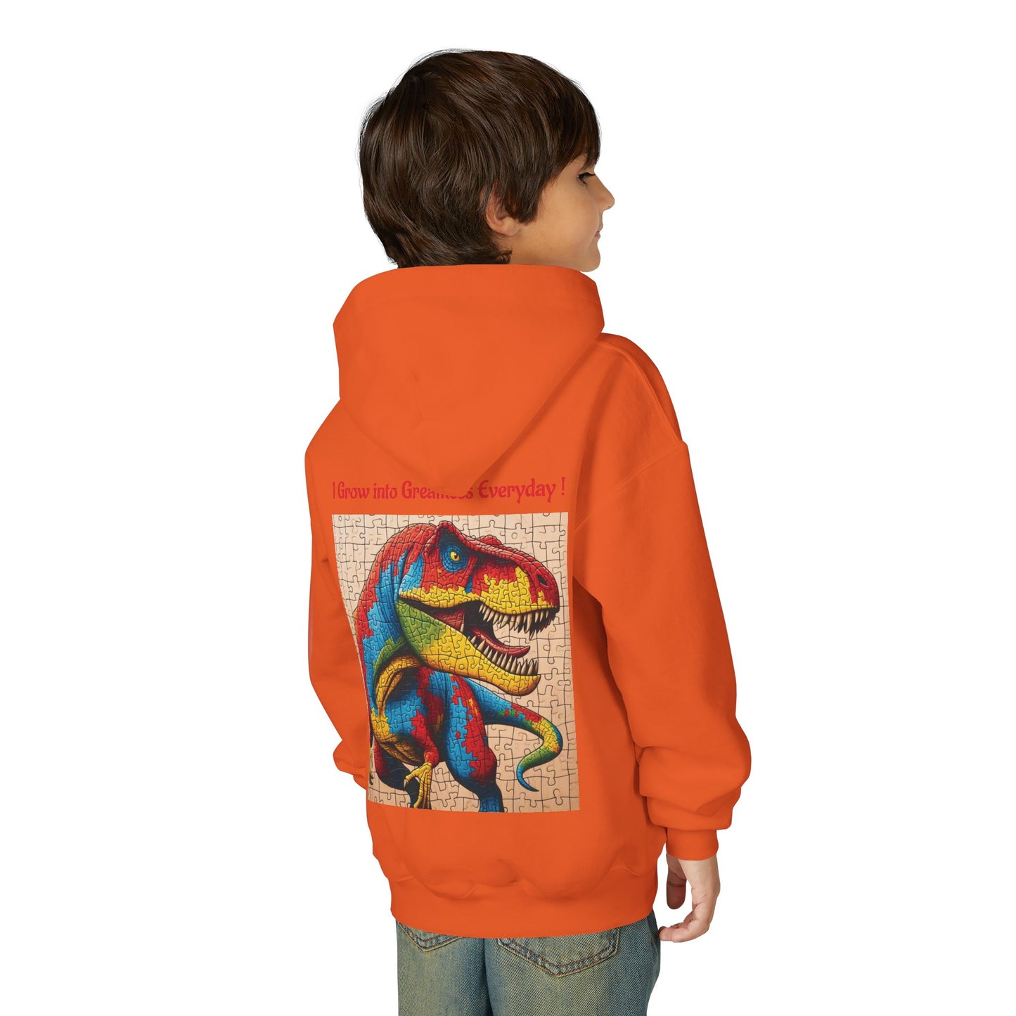 B.M.D Colorful Dinosaur Hoodie — Youth T‑Rex Puzzle Art Pullover