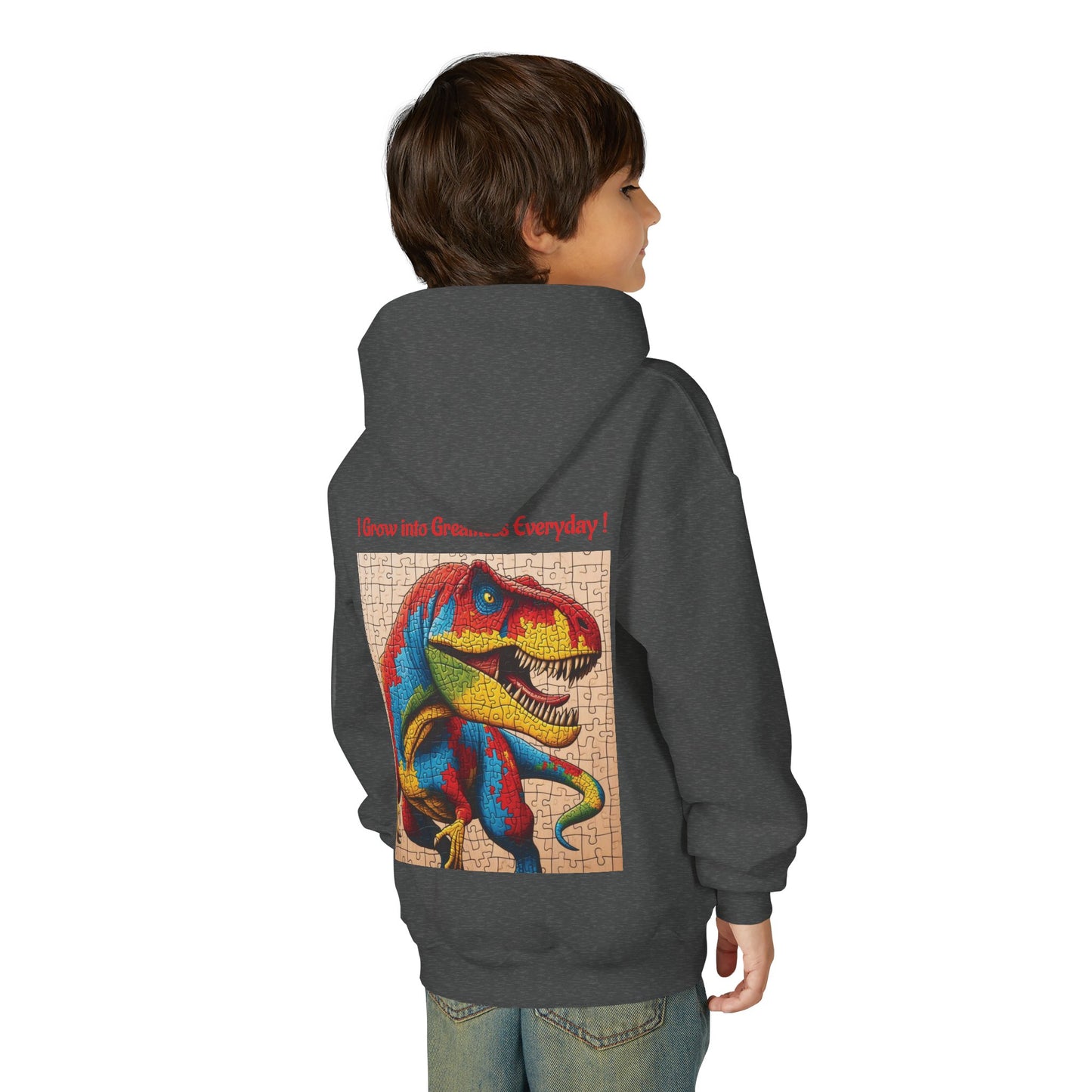 B.M.D Colorful Dinosaur Hoodie — Youth T‑Rex Puzzle Art Pullover