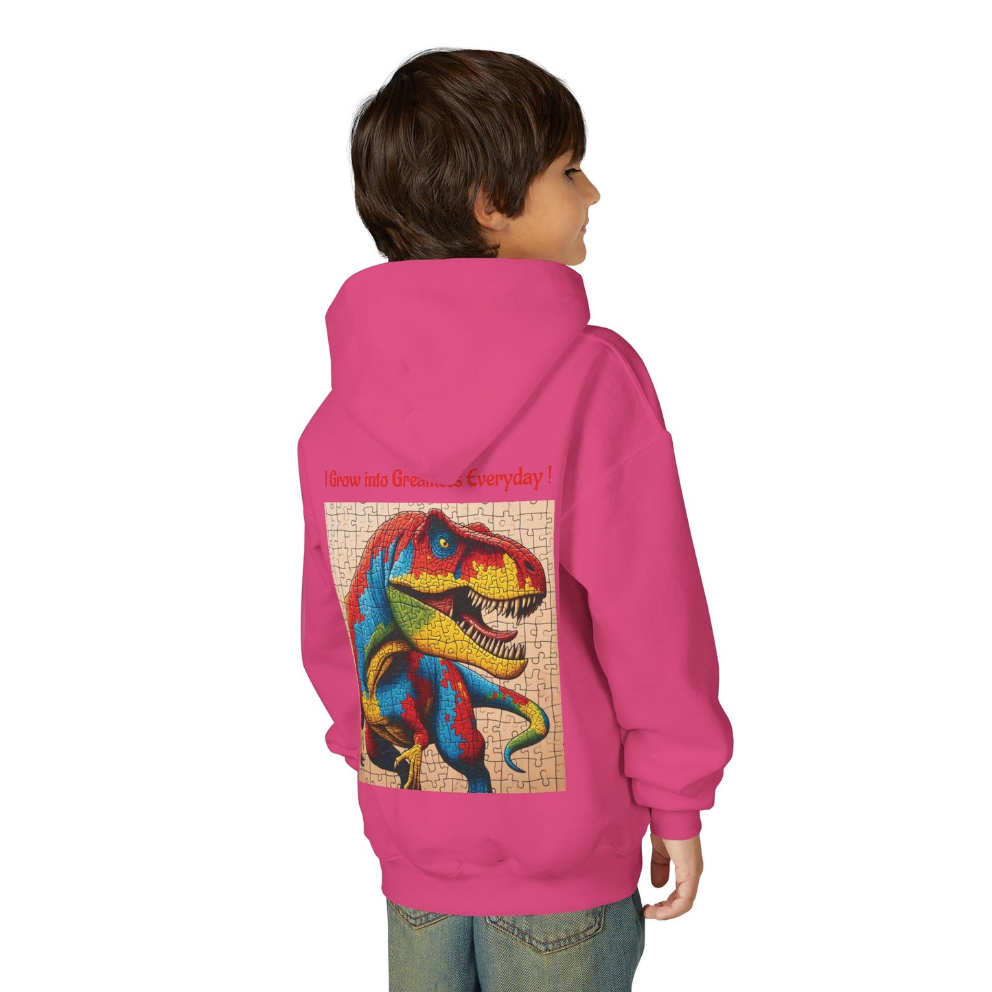 B.M.D Colorful Dinosaur Hoodie — Youth T‑Rex Puzzle Art Pullover