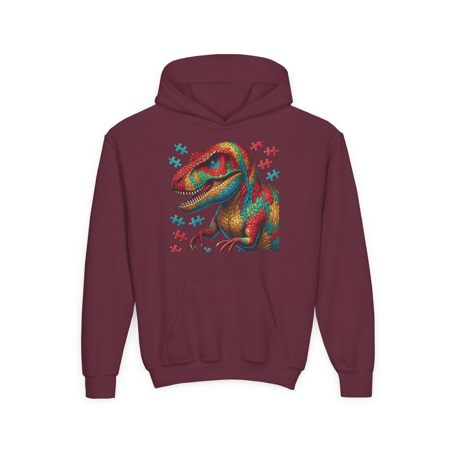 B.M.D Colorful Dinosaur Hoodie — Youth T‑Rex Puzzle Art Pullover