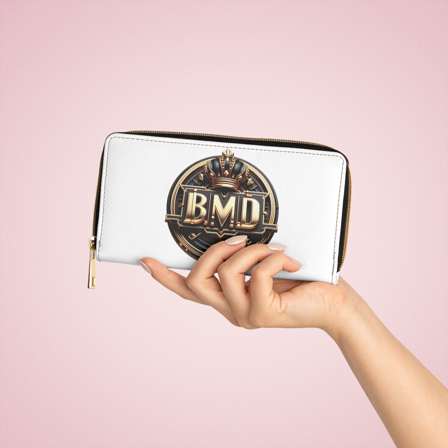 B.M.D White, Black and Gold Zipper Wallet