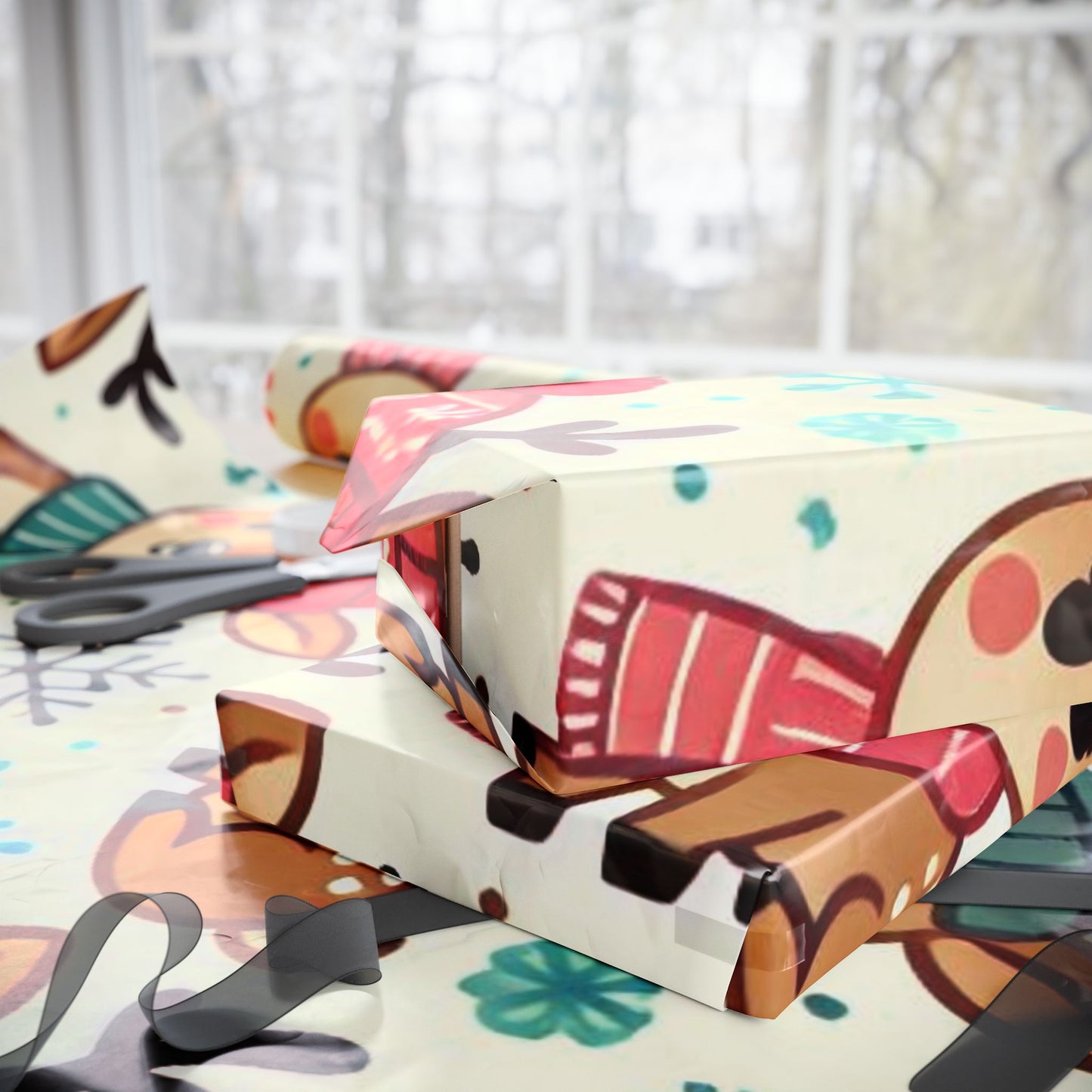 B.M.D Cute Reindeer Wrapping Paper – Festive Holiday Gift Wrap with Snowflakes & Trees